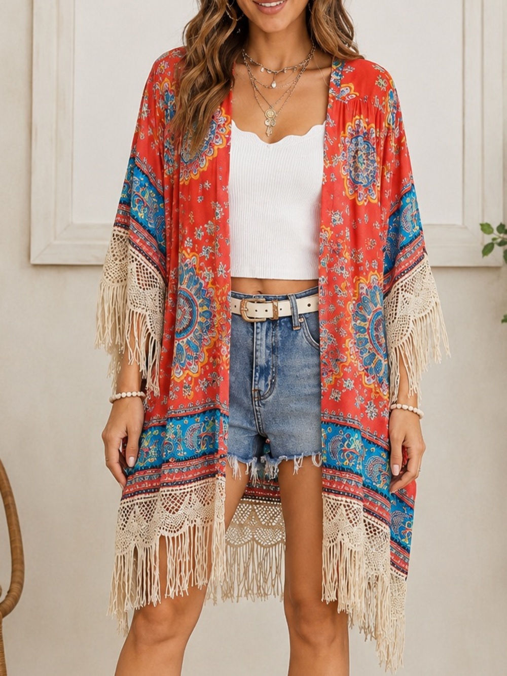 Umgee Boho Fringe Kimono Cover Up Coral Medallion Print S/M - Picture 1 of 7